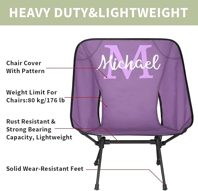 Custom Purple Portable Camping Chair Personalized Backpacking Chair with Name Lightweight Foldable Chairs for Hiking Beach