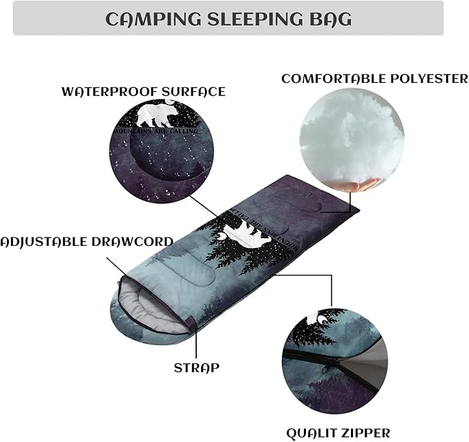 Sleeping Bags for Adults Youth Kids3D Printing Camping Sleeping Bag for Girls Boys Lightweight Waterproof Cold/Warm Weather Sleeping Bag for 3 Seasons
