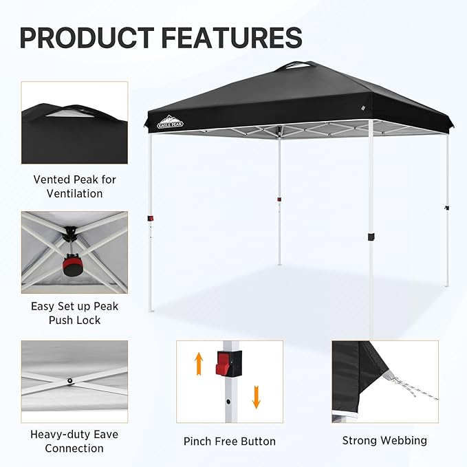 EAGLE PEAK Pop Up Canopy Tent with Wheeled Carry Bag 8 Stakes 4 Ropes Easy Set Up Tent Canopy 8x8 ft Black