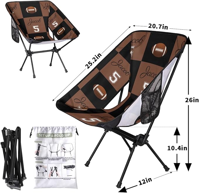 Custom Camping Chair Personalized Portable Backpacking Chair with Name Lightweight Folding Chair for Beach Hiking Football Theme