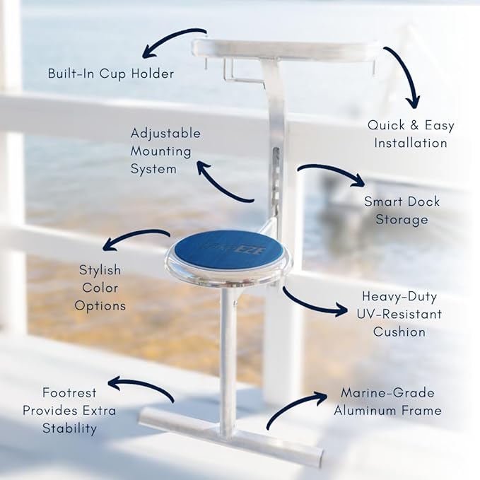 LakeEze Swim Stool (Navy Blue Pair) – Premium Dock Accessory for Water Seating – Adjustable Height for Docks Pools &amp Waterside Use – Built-in Cup Holder – UV-Resistant Durable Made in The USA