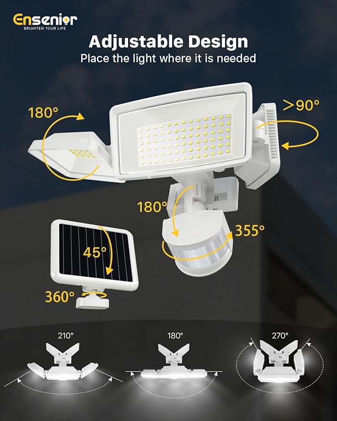 Ensenior Solar Security Lights Wide Beam Flood Light 6500K Super Bright for Driveway Backyard Garden Remote Control Motion Lights Weather-Resistant Exterior Lighting 1800LM Lumen White 2-Pack