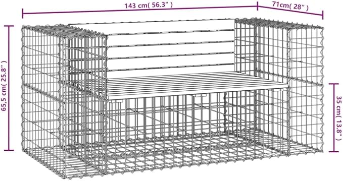 vidaXL Patio Bench with Gabion Design - Solid Douglas Wood Galvanized Steel Base Space-Saving Farmhouse Style for Garden and Backyard