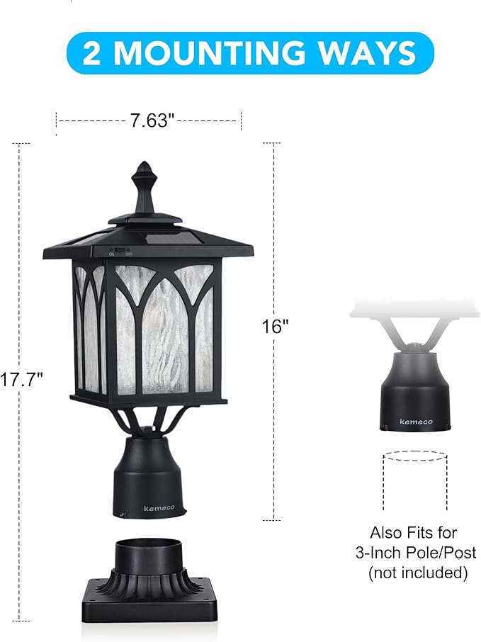 Kemeco Solar Post Light Outdoor Cast Aluminum LED Lamp Fixture with 3-Inch Fitter Base for Yard Garden Post Pole Gates Pillar Mount Landscape Driveway Decor