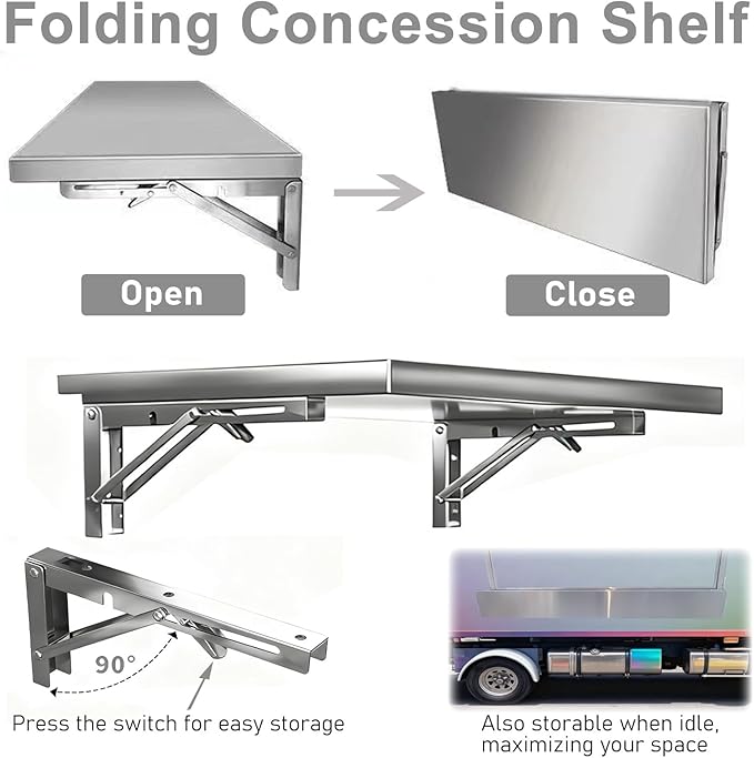Foldable Food Truck Shelves Stainless Steel Wall Mounted Concession Shelf for Outdoor Use Trailer Countertop Extension Shelving for Porch and Prep