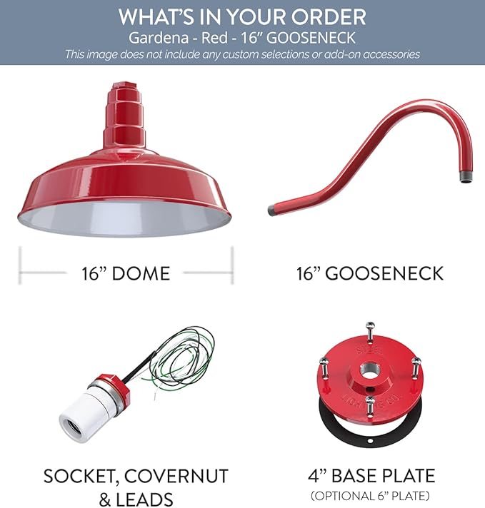 Steel Lighting Co. Gardena Barn Light | Outdoor Wall Mounted | 16 Dome | 16 Gooseneck | Farmhouse Light Made in America | Red Exterior/White Interior