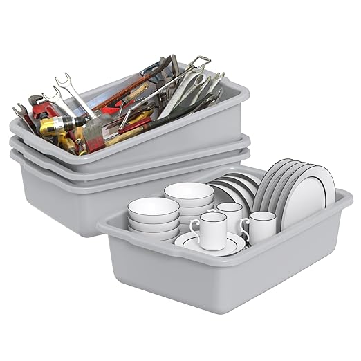 Set of 4 Gray Food Service Bus Tubs 32 L Plastic Commercial Utility Bus Boxes for Restaurant