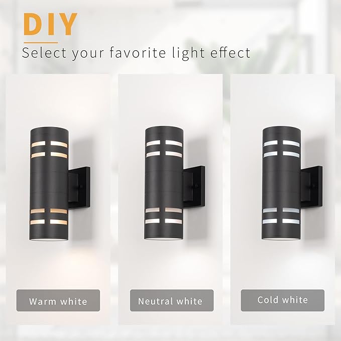 mirrea 12in Modern Outdoor Porch Light Patio Light in 2 Lights with Aluminum Cylinder and Tempered Glass Cover Waterproof Wall Sconce Matte Black 2 Pack