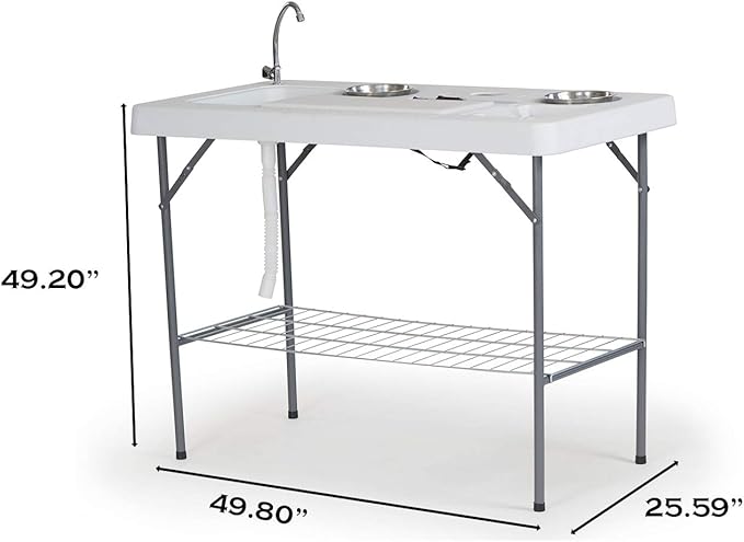 Old Cedar Outfitters Deluxe Fish Fillet Table or Portable Folding Camping Kitchen with Cutting Board Bowls Knife Odor Bar Sink Drain and More! 49.8 x 25.6 x 37.2 WhiteCamp