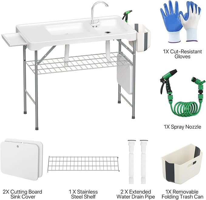 MoNiBloom Folding Fish Cleaning Table with Double Sink Portable Camping Outdoor Heavy-Duty Fillet Station with Faucet Drainage Hose Sprayer and Knife for Picnic Fishing Garden Patio Beach White