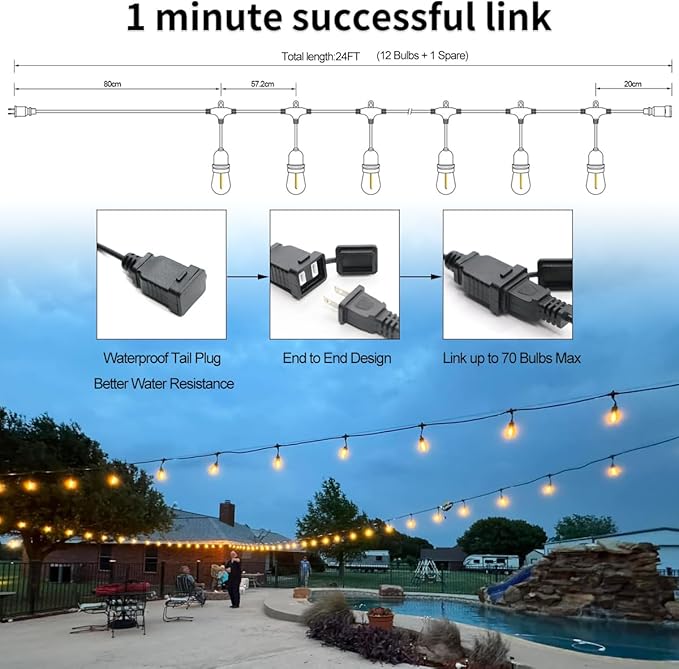 24 Feet Outdoor String Lights | IP65 Waterproof with 13 Shatterproof LED Bulbs | Warm White Patio Lights for Garden Cafe &amp Wedding - 5-Minute Tangle-Free Setup with Hooks