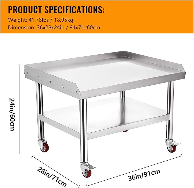 Stainless Steel 36x28x24 in Equipment Grill Stand Table 1000 LBS Top Shelf 220 LBS Bottom Shelf 2 in Edge Baffle for Hotel Home Commercial Restaurant Kitchen with Wheel