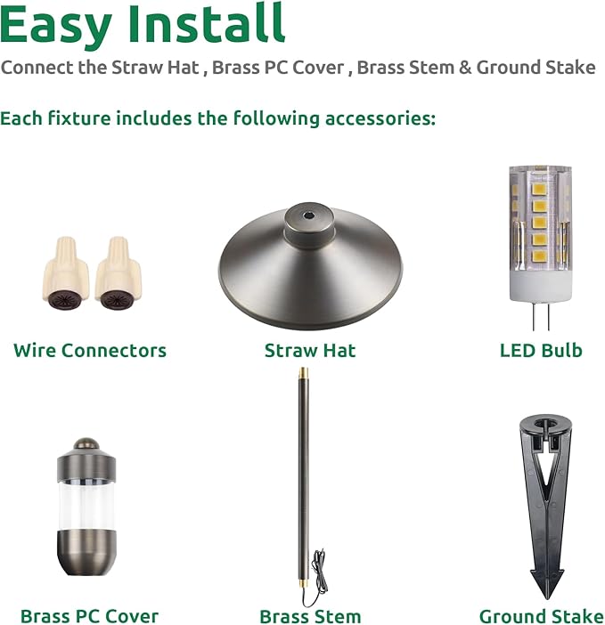DOSHINE® Solid Brass Low Voltage Landscape Lighting Pathway Lights (7 Shade 22 Tall) with Replaceable 3W G4 LED Bulb 3000K AC/DC 12V and Ground Stake for Outdoor Walkway Driveway (HAT 6-Pack)