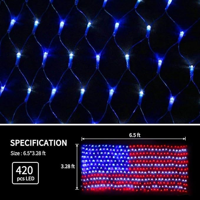 American Flag String Lights Waterproof Led Flag Net Light with 420 Super Bright LED for Yard Garden Decoration Festival Holiday Party DecorationChristmas Decorations (Plug in Power)