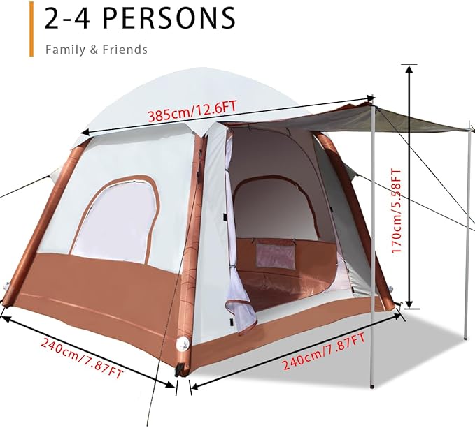 Upgrade Inflatable Camping Tent with Pump Easy Setup 4 Season Glamping Tent 2-4 Persons Waterproof Windproof Outdoor Self-Supporting Air Tent-7.8FT x 7.8FT x 5.6FT