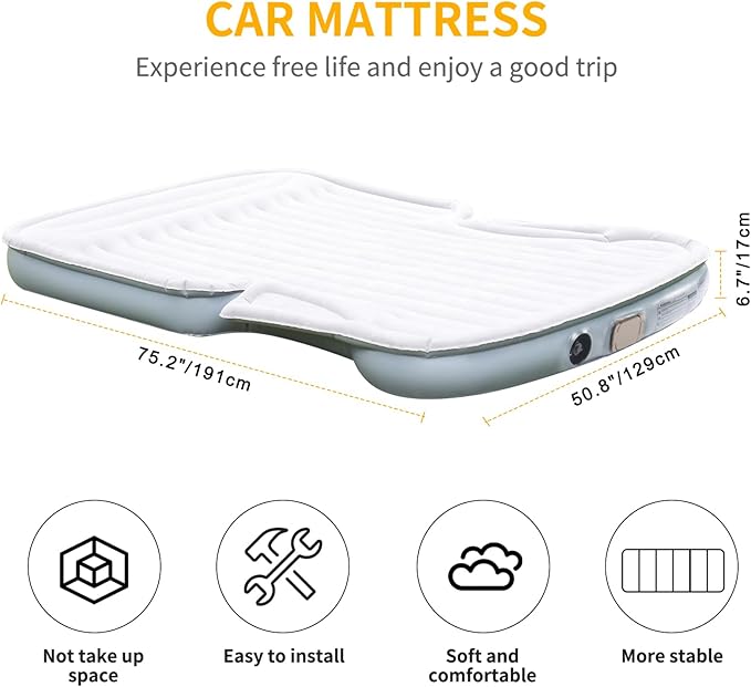 KMZ Portable SUV Air Mattress - Built-in Electric Pump for Fast Inflation - Soft Flocked Surface Car Bed - Ideal for Road Trips &amp Outdoor Camping - Grey