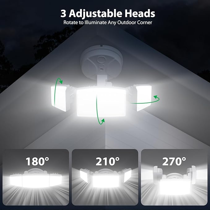 iMaihom 65W 6500LM LED Outdoor Flood Light Switch Controlled Outdoor Security Light 3 Adjustable Heads IP65 Waterproof 6500K Daylight White Hardwired Wall Mount Light for Garage Yard Patio White