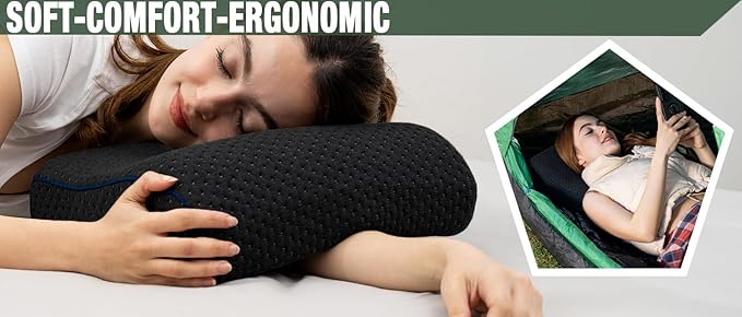 Travel &amp Camping Comfortable Memory Foam Pillow – Easy to Carry Portable Bag – Temperature Regulating Pillow Case - Perfect for Travelling (Black Contour)