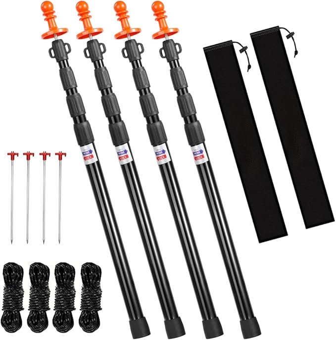 Heavy Duty Telescoping Tarp Poles Set of 4-4-Section Adjustable 3.1FT to 9.2FT Aviation Aluminum Tent Poles for Camping Awning Rain Fly Sun Shade Canopy with Stakes &amp Guylines