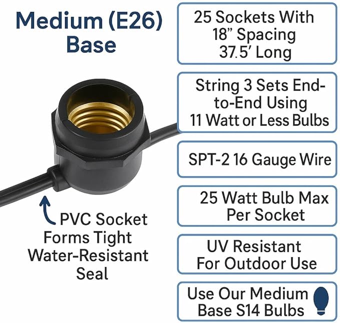 Novelty Lights 37.5 Feet Heavy Duty Light String with 25 in-Line E26 Sockets Black Wire PVC Commercial Grade Stringer 18 Spacing End-to-End Connectable No Bulbs