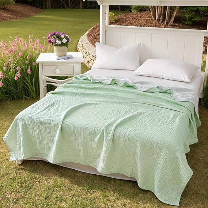ITFRO Cooling 3 Layer Cotton Muslin Blanket for Hot Sleepers 80x92 Inches Lightweight Breathable Reversible Summer Camping Blanket All Seasons for Couch Sofa Bed (Solid Green 80x92)