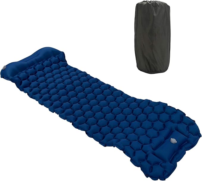 Inflatable Sleeping Pad for Camping | 40D Nylon &amp TPU Laminate Mat | Foot Press Inflation Cushion for Tent/Hiking/Travel | 3D Support 2 - Way Valve 700g Lightweight (Navy Blue)