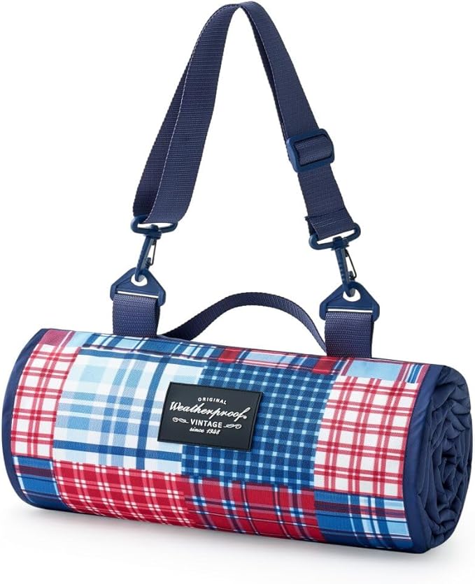 Weatherproof Vintage Waterproof Outdoor Blanket- Blue and Red Roll Up Throw Blanket with Handle Velcro Closure - Camping Supplies Travel Blanket for Beach Picnic &amp Events 60x72 (Madras)