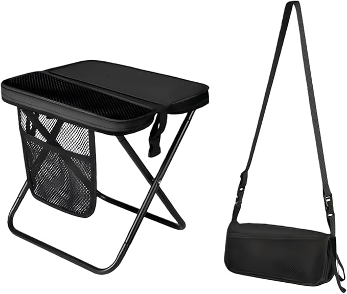 Portable Folding Camping Stool With Shoulder Strap Small Folding Stool For Adults Ultra-Thin Portable Folding Stools With Side Pocket Mesh Collapsible Seat For Outdoor Fishing Hiking (B)