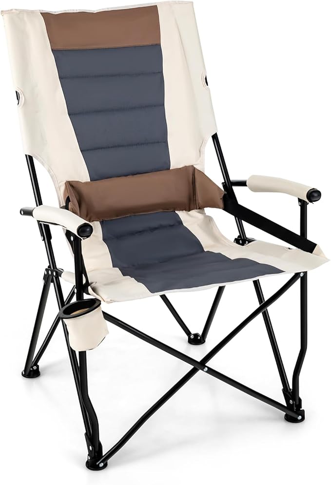 Tangkula Folding Camping Chair Portable Lightweight Camp Chair with Lumbar Support Padded Seat Carrying Bag Cup Holder Outdoor Lawn Chair for Yard Fishing Travel No Assembly Needed