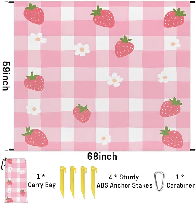 Waterproof Sandproof Beach Blanket 59''×68'' Pink Check Pattern Polyester Outdoor Picnic Blanket with 4 Stakes &amp Storage Bag for BeachCampingVacation