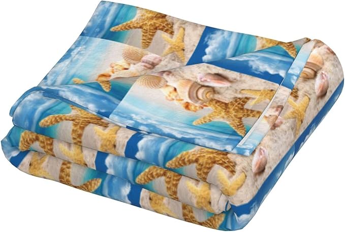 Starfish Seashell Ocean Beach Print Anti-Pilling Flannel Throw Blanket Lightweight Travel Home Decor Blanket Gifts