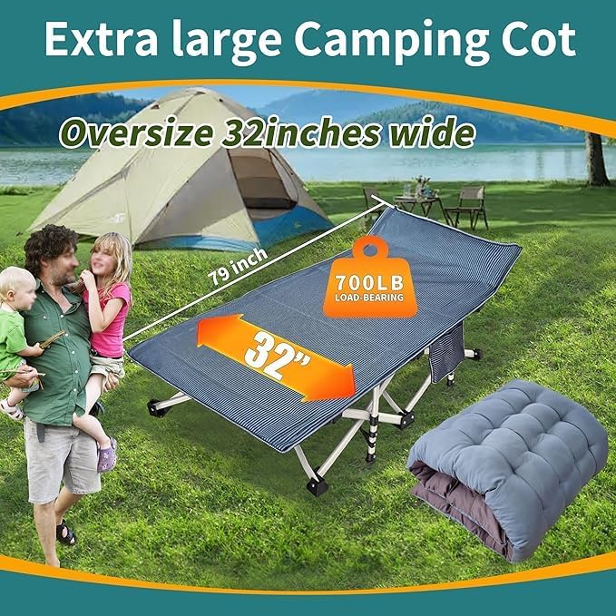 79 L x 32 W x 18 H Oversize XXL Camping Cot with Comfortable Mattress for Adults Extra Wide Cots for Sleeping Folding Cot Camping Bed Heavy Duty with Carry Bag for Home Office Outdoor