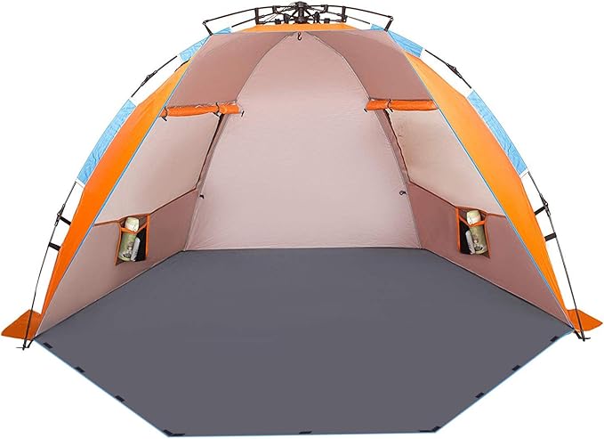 Oileus X-Large 4 Person Beach Tent Sun Shelter - Portable Sun Shade Instant Tent for Beach with Carrying Bag Stakes 6 Sand Pockets Anti UV for Fishing Hiking Camping Waterproof Windproof Orange