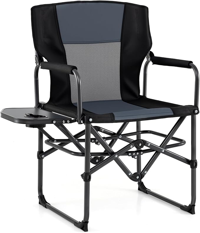 COSTWAY Folding Camping Chair with Side Table Portable Directors Chair with Cup Holder &amp Carry Bag Outdoor Heavy Duty Padded Lawn Chair for Fishing Picnic Sports Beach Support 500 LBS (Gray)
