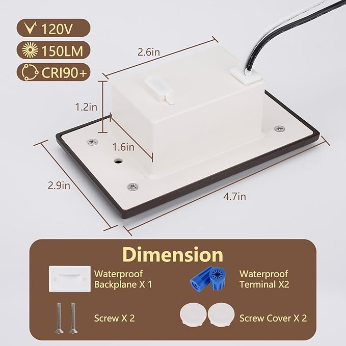 120V Dimmable 3CCT Step LightsStair OutdoorZinc Alloy/Aluminum Cover 2.5W 150LM IP65 Waterproof LED Stair Lights 2700K/3500K/5000K CRI90 Beam Angle 30° Brown 6/Pack (Brown)