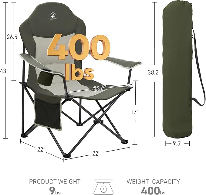 EVER ADVANCED Camping Chairs Lawn Chairs Outdoor Sports Chairs Folding Chair 2 Pack Camping Chairs for Adults Supports 400lbs Green
