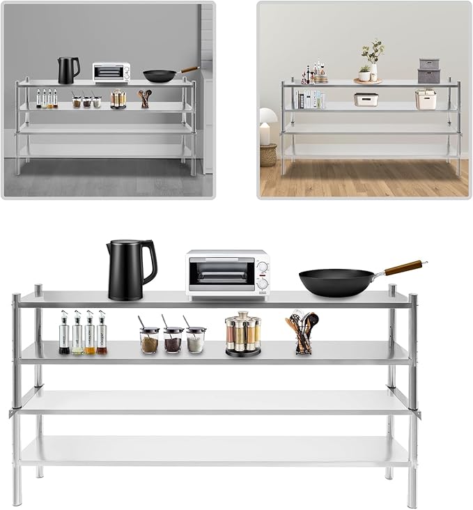 Stainless Steel Double Tier Overshelf 12 * 71in Commercial Heavy Duty Shelving Height Adjustable Shelf Storage for Prep &amp Work Table in Restaurant Home and Kitchen (12 * 71in)