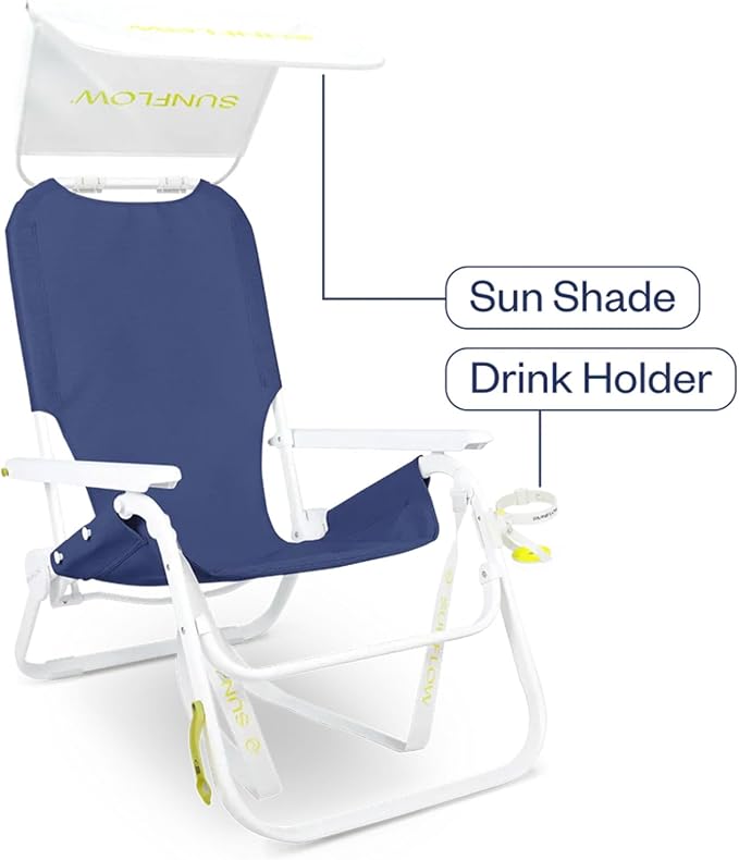 SUNFLOW Shore Thing Premium Beach Chair - Adjustable Portable Rust-Resistant Reclining Beach Chair with UPF 50+ Sun Shade and Drink Holder for The Ultimate in Comfort (Ocean Navy)