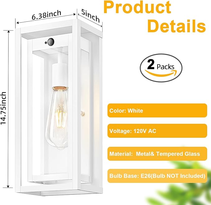 15 Motion Sensor Outdoor Lights 2 Pack Large White Outdoor Light Fixture 3 Lighting Modes Waterproof Anti-Rust Wall Sconces Exterior Lighting Fixtures for Front Door Porch Garage