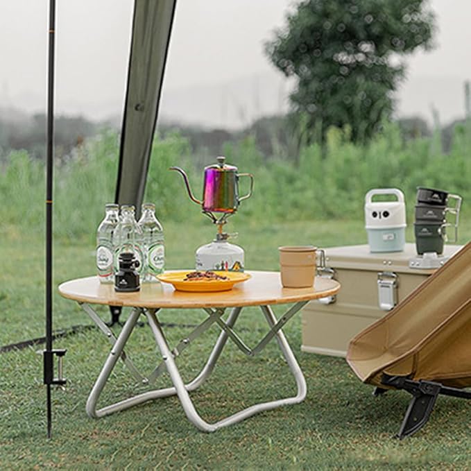 Topyond Camp Table Portable Aluminum Alloy Folding Round Table Lightweight Bamboo Top Camping Table Aluminum Folding Tab for Camping Picnic Self Driving Travel