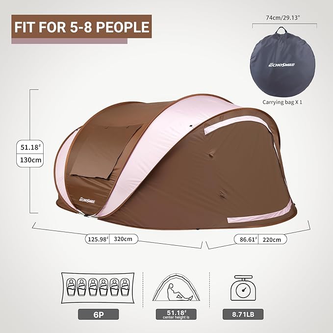 EchoSmile Instant Pop Up Camping Tent 2/4/6 Person Easy Setup Tent Water Resistant Dome Portable with Carry Bag