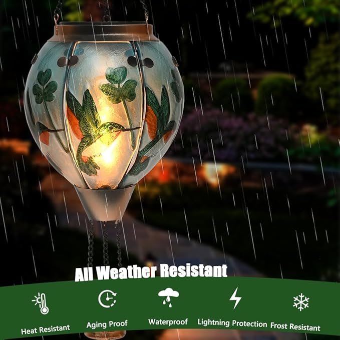 Hot Air Balloon Solar Lantern - Hummingbird Glass Lantern Simulated Flickering &amp Dancing Flame Outdoor Hanging Shamrock Yard Light Waterproof IP65 for Patio Lawn Porch Decor Irish Gift