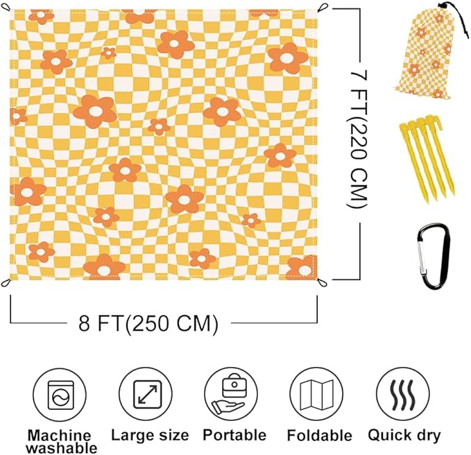 Beach Blanket Waterproof Sandproof Extra Large 8 Ft X 7 Ft for 4 Adults Oversized Sand Free Beach Mat with 4 Corner Pockets and Stakes Portable for Beach Picnic Travel Camping (Orange)