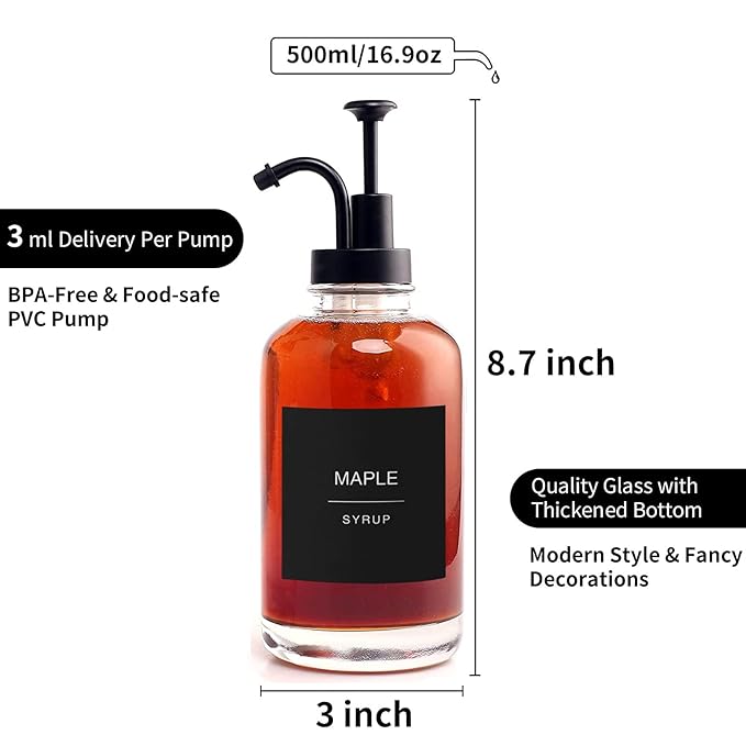 Glass Coffee Syrup Dispenser with 84 Labels (Set of 2) Fancy Pump Dispenser for Bar Accessories 16.9 oz