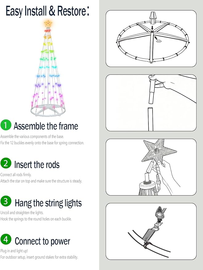 7ft Smart RGB Outside Christmas Tree Lights App Remote-Controlled C6 Shaped Christmas Light Cone Tree with Music Sync 57 Lighting Effects + DIY Mode Easy install Outdoor Xmas New Year Yard Decor