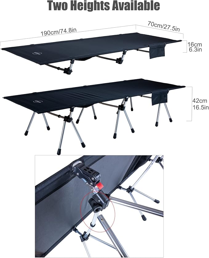 iClimb Super Easy Assemble Folding Cot Ultralight Compact Heavy Duty with Carry Bag for Adults Camping Backpacking (Black Two Heights)