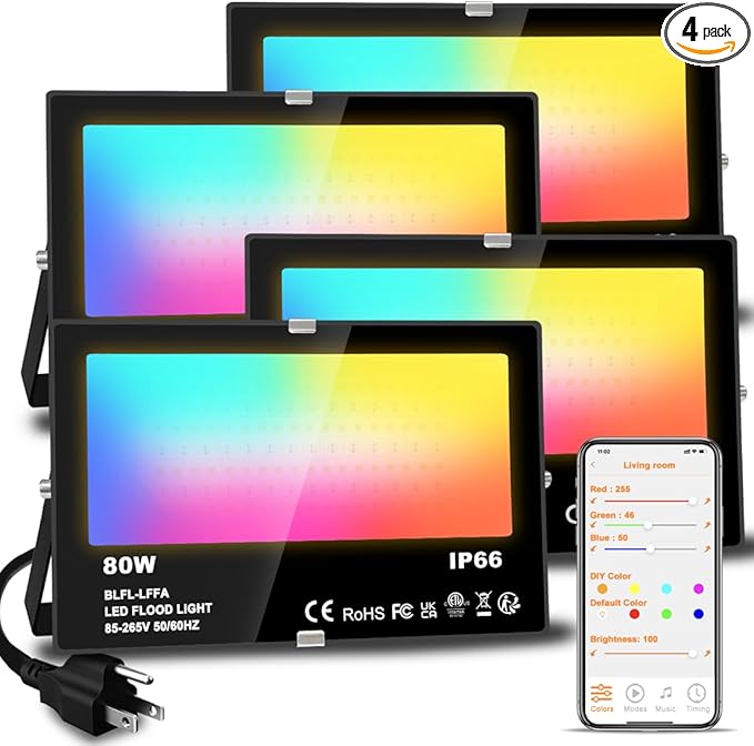 LED Flood Light Outdoor 800W Equivalent 8000LM RGB Landscape Light Controlled by BRmesh APP  No Remote DIY Scenes - Timing - 5700K Daylight White - Color Changing Uplight IP66 US Plug MELPO(4 Pack)