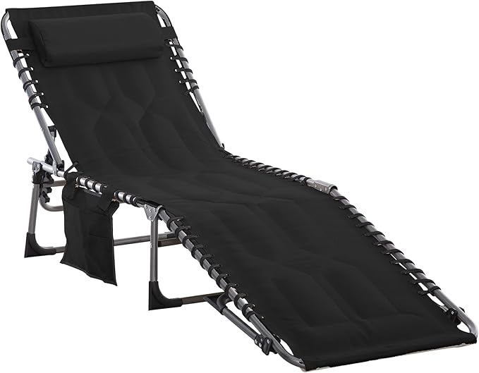 Padded Folding Chaise Lounge Chair Outdoor 6 Level Reclining Camping Tanning Chair with Headrest for Beach Yard Patio Pool Black