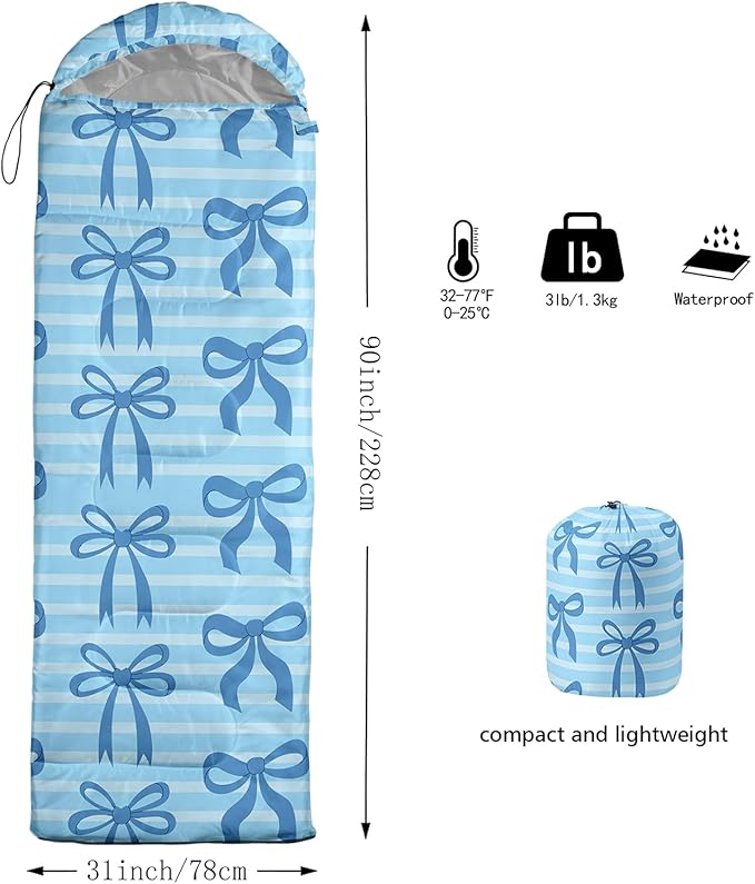 Colorful Bow Sleeping Bag 3 Season Warm Cool Weather Hand Drawn Bow Camping Sleeping Bag for Adult Cute Bowknot Camping Backpacking for Outdoor Traveling Hiking Hunting Gear Equipment