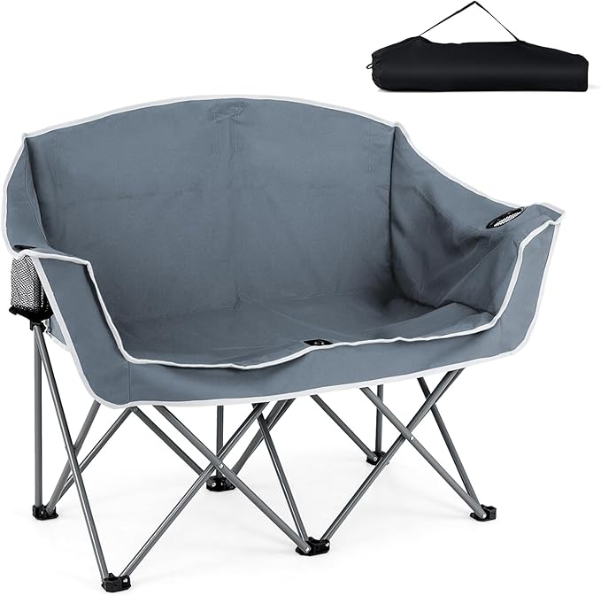 Tangkula 2 Person Camping Chair Portable Oversized Outdoor Folding Camp Chair Loveseat with Padded Seat Cup Holder Carry Bag Heavy Duty Lawn Chair for Beach Fishing Travel (Gray 2-Person)